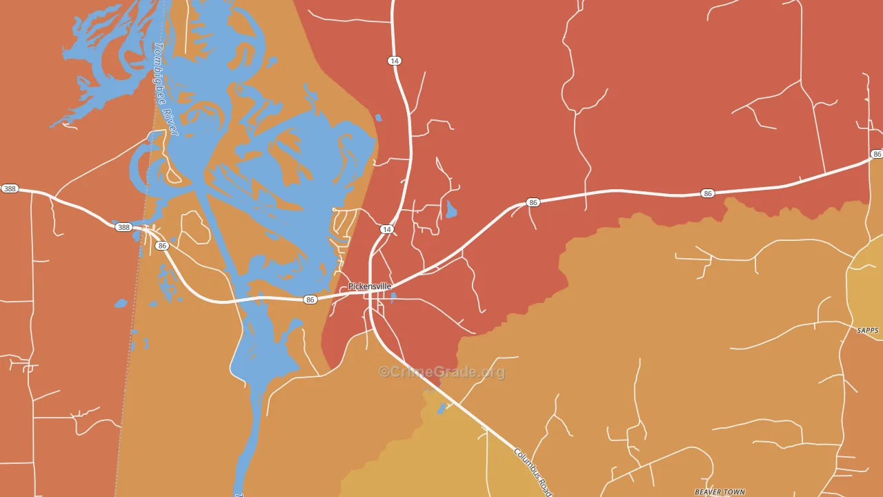 Pickensville, AL Map of Arson Rates