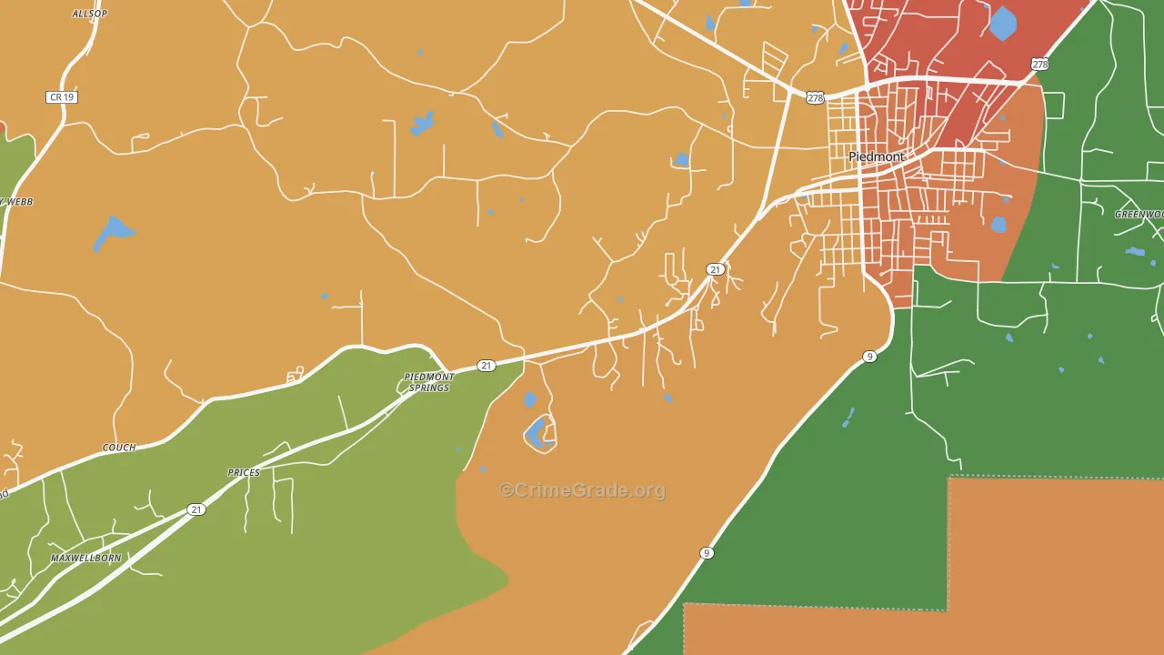Piedmont Springs, AL Map of Arson Rates