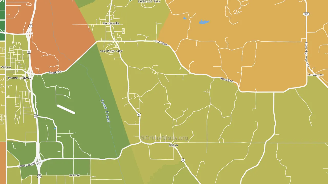 Plantersville, MS Map of Arson Rates