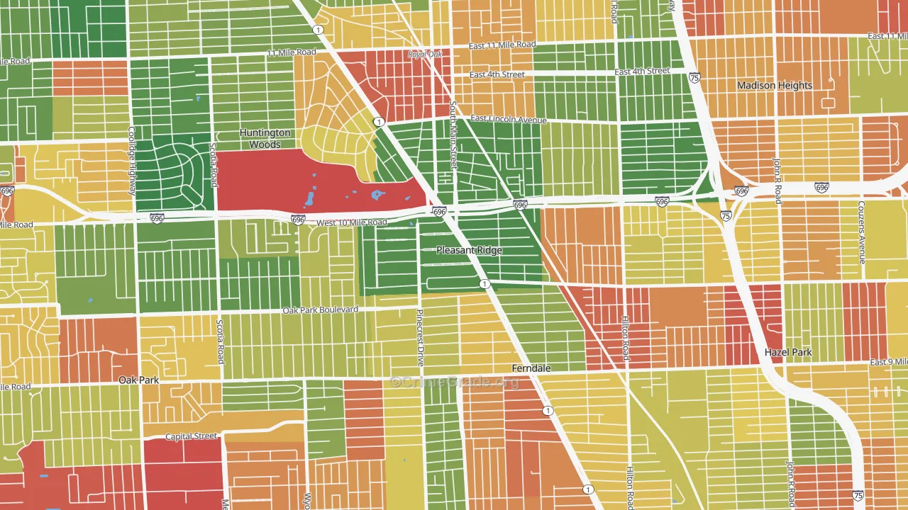 Pleasant Ridge, MI Map of Arson Rates