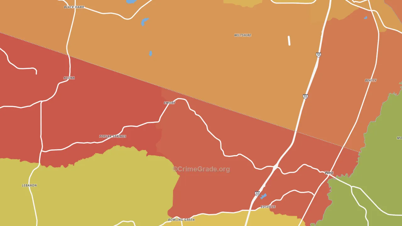 Poplar Springs, MS Map of Arson Rates