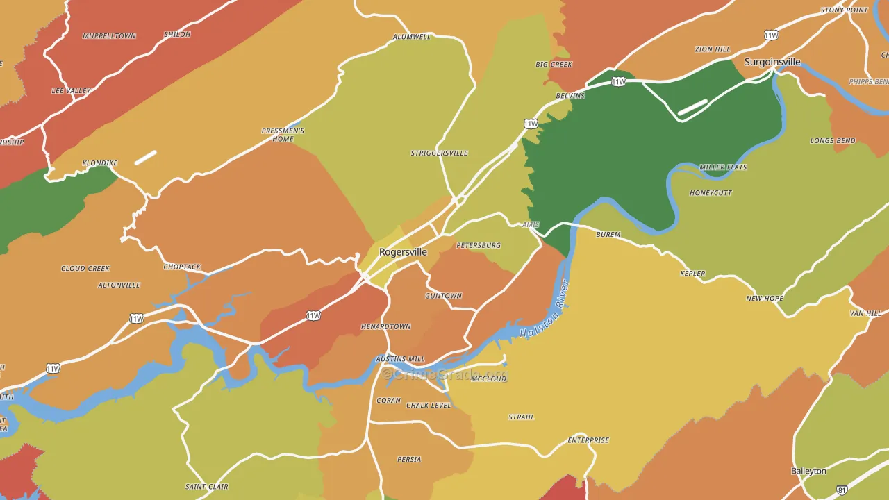 Rogersville, TN Map of Arson Rates