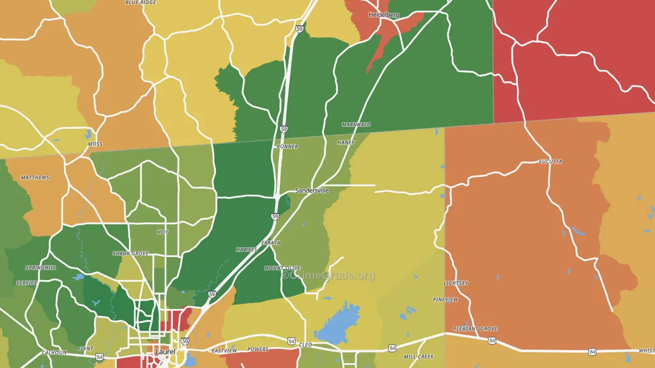 Sandersville, MS Map of Arson Rates