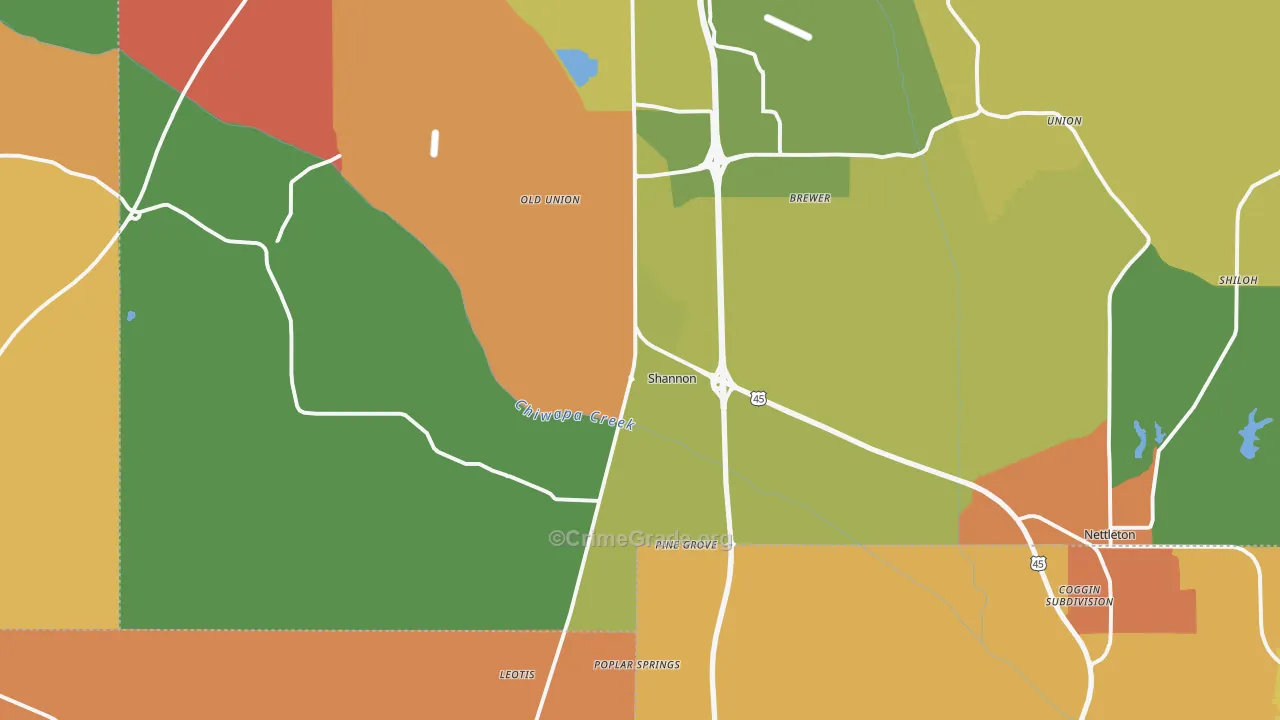 Shannon, MS Map of Arson Rates