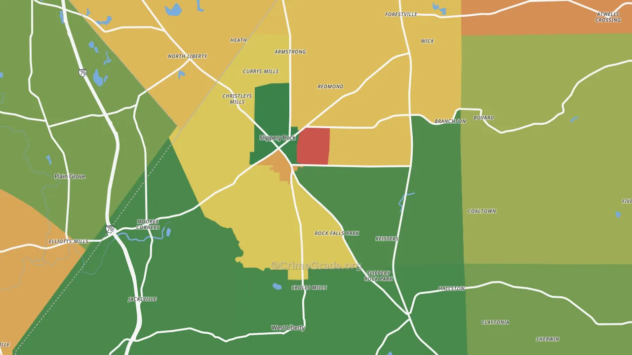 Slippery Rock, PA Map of Arson Rates