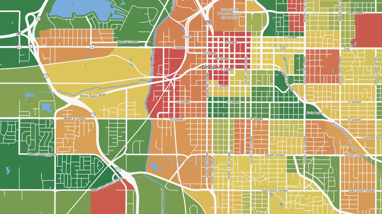 South Salt Creek, Lincoln, NE Map of Arson Rates