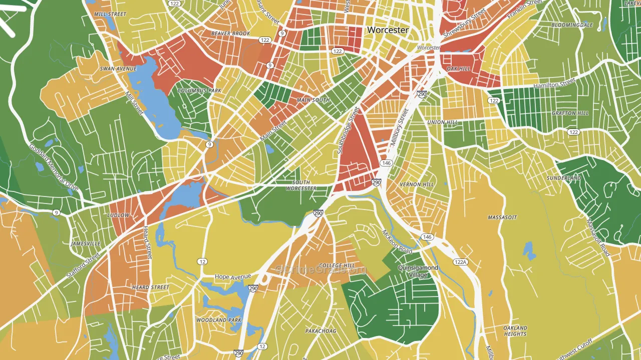 South Worcester, Worcester, MA Map of Arson Rates