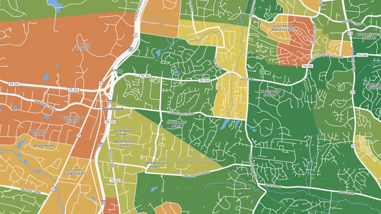 Southeast, Brentwood, TN Map of Arson Rates