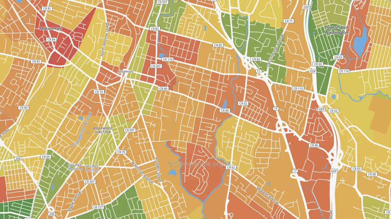 Southeast Ridgewood, Ridgewood, NJ Map of Arson Rates