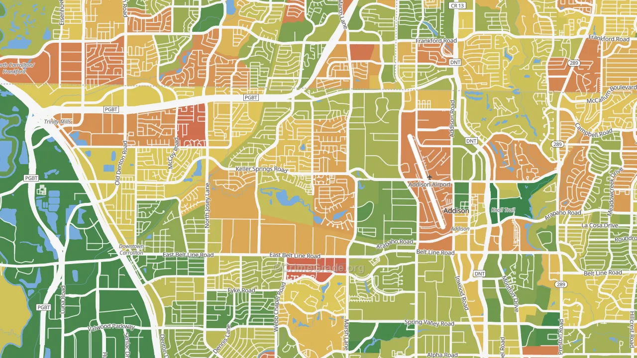 Southwest Carrollton, Carrollton, TX Map of Arson Rates
