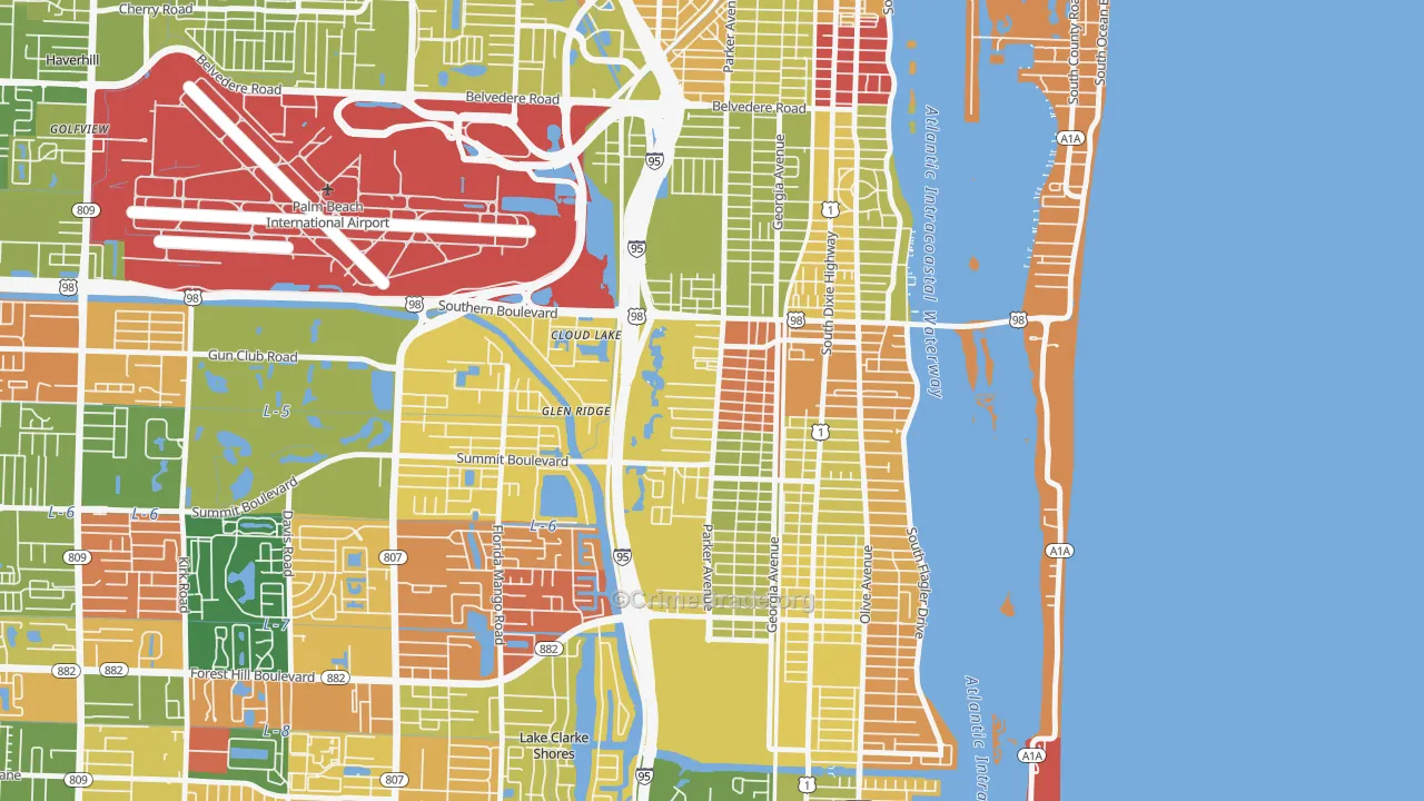 Southwest, West Palm Beach, FL Map of Arson Rates
