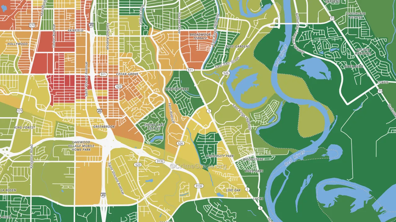 Springlake-University Terrace, Shreveport, LA Map of Arson Rates