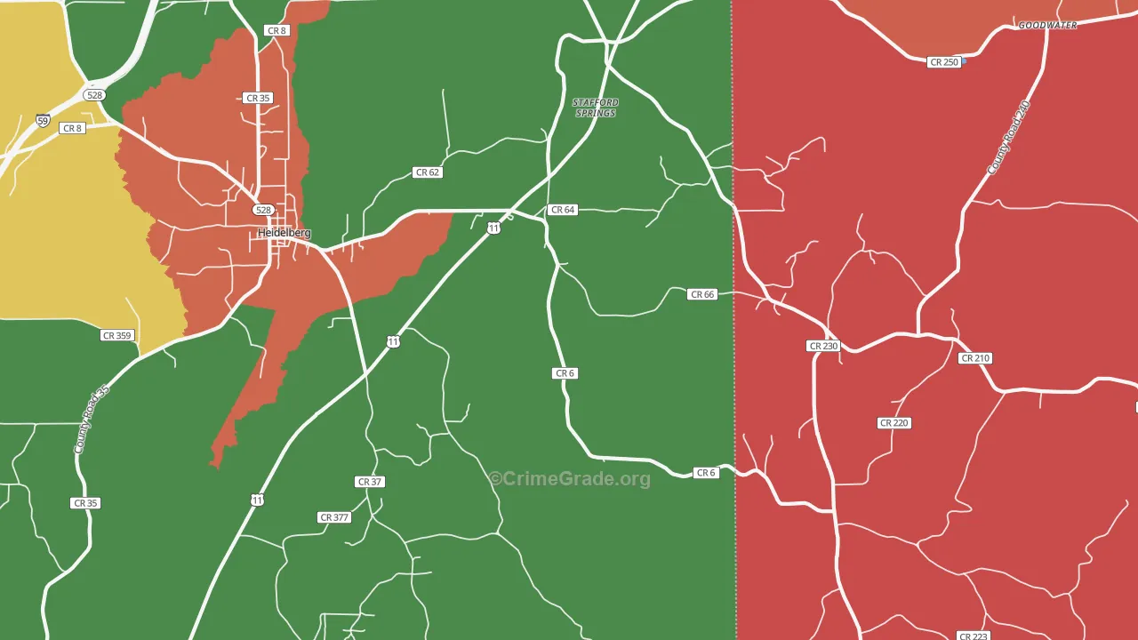 Stafford Springs, MS Map of Arson Rates