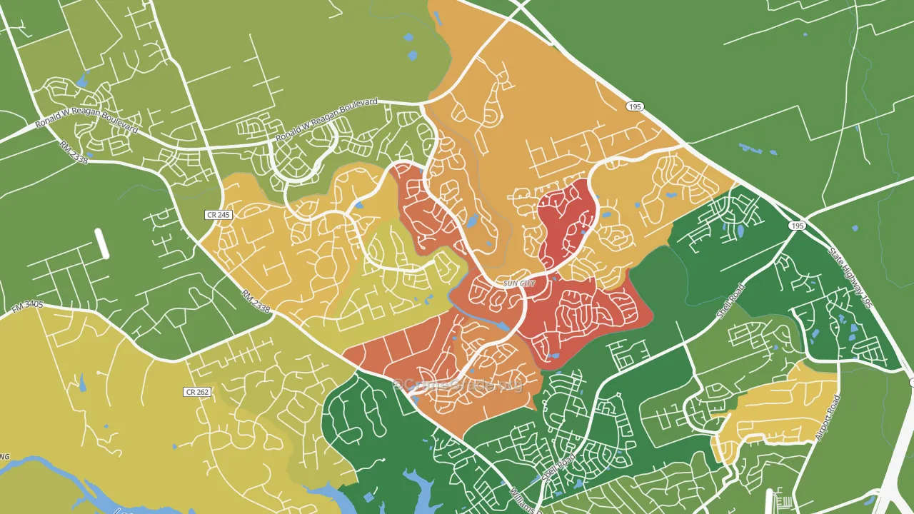 Sun City, Georgetown, TX Map of Arson Rates