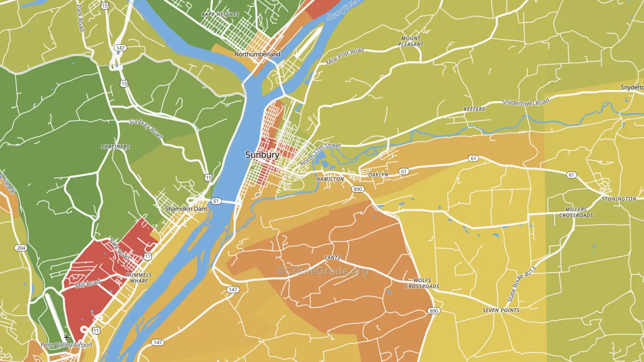 Sunbury, PA Map of Arson Rates