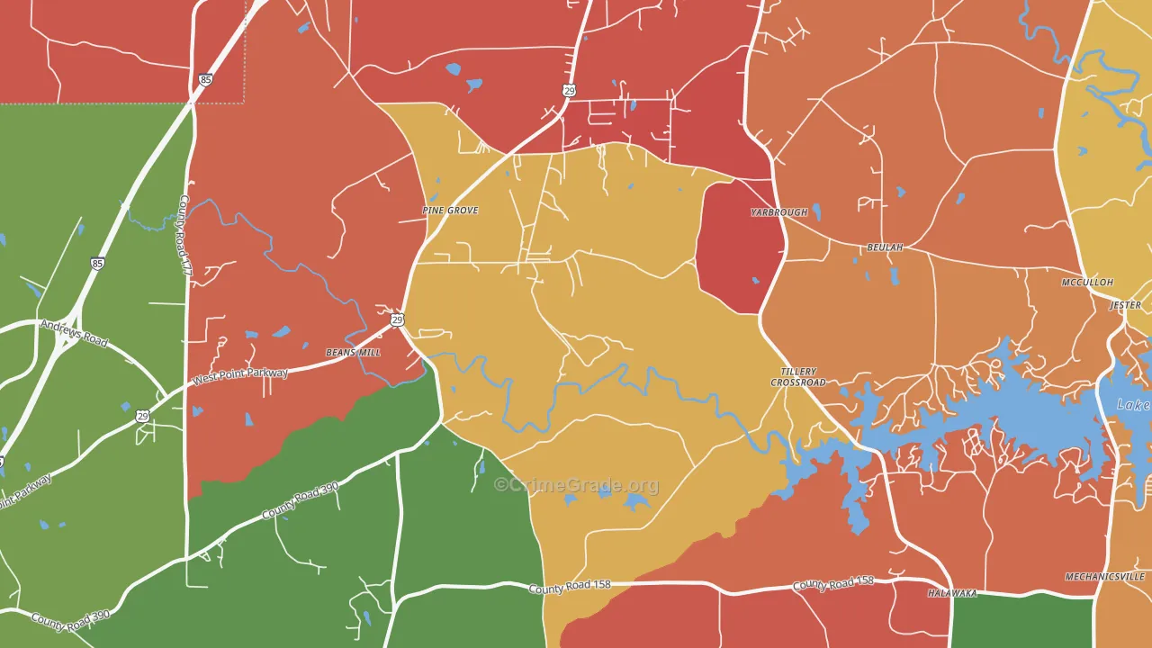 Tillery Crossroads, AL Map of Arson Rates