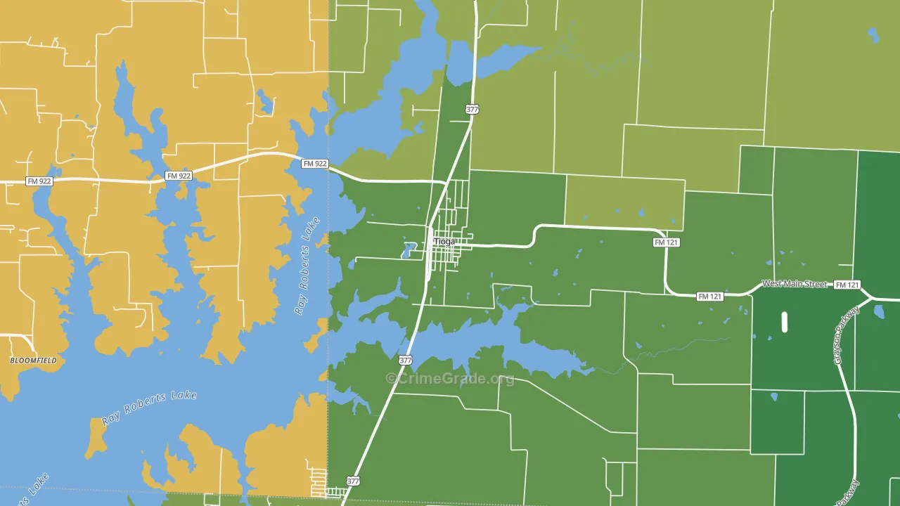 Tioga, TX Map of Arson Rates