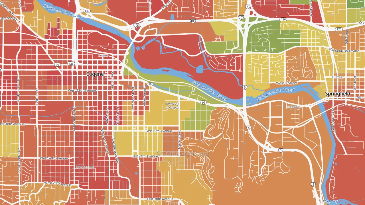 U of O Campus, Eugene, OR Map of Arson Rates