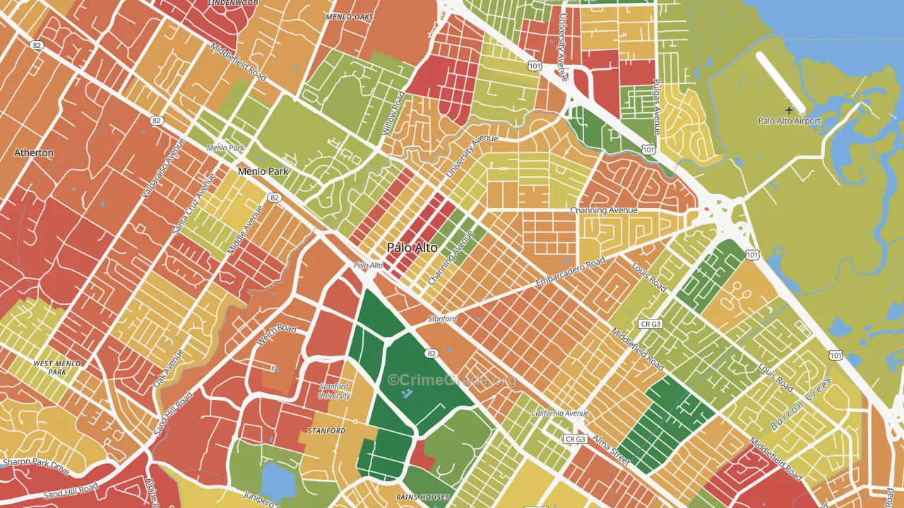 University South, Palo Alto, CA Map of Arson Rates