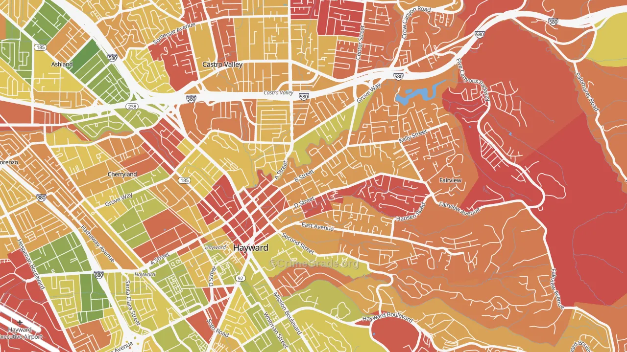 Upper B Street, Hayward, CA Map of Arson Rates