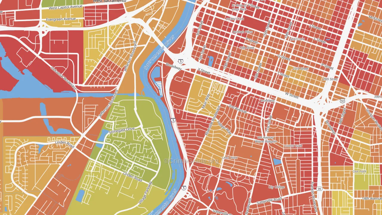 Upper Land Park, Sacramento, CA Map of Arson Rates