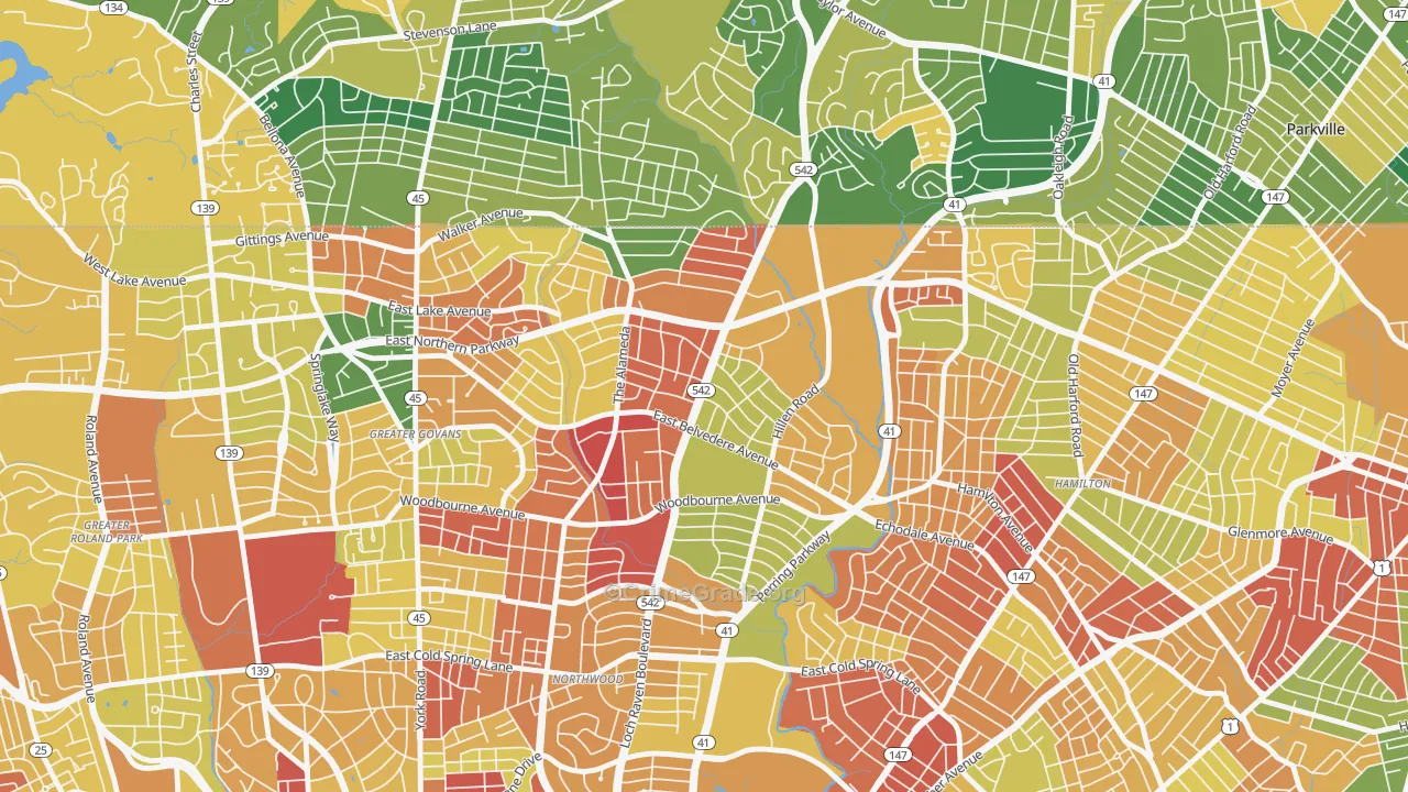 Upper Northwood, Baltimore, MD Map of Arson Rates
