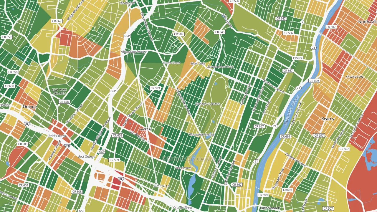 Upper Roseville, Newark, NJ Map of Arson Rates