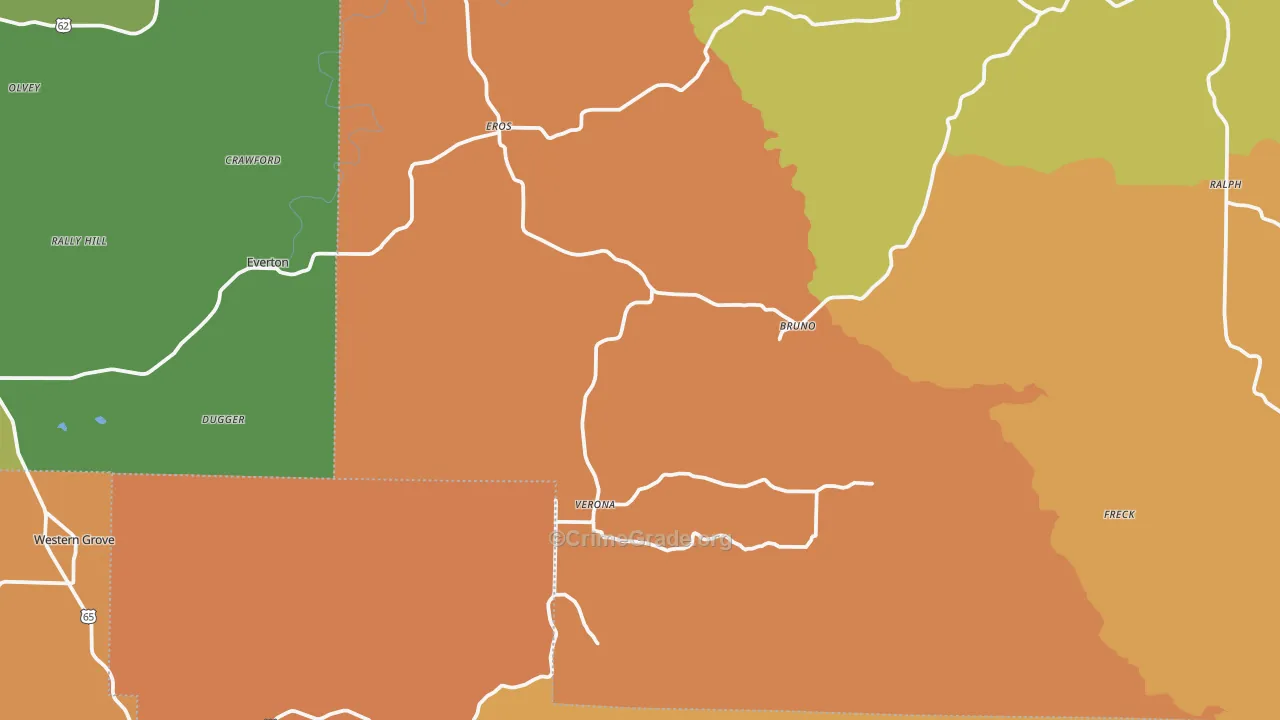 Valley Springs, AR Map of Arson Rates