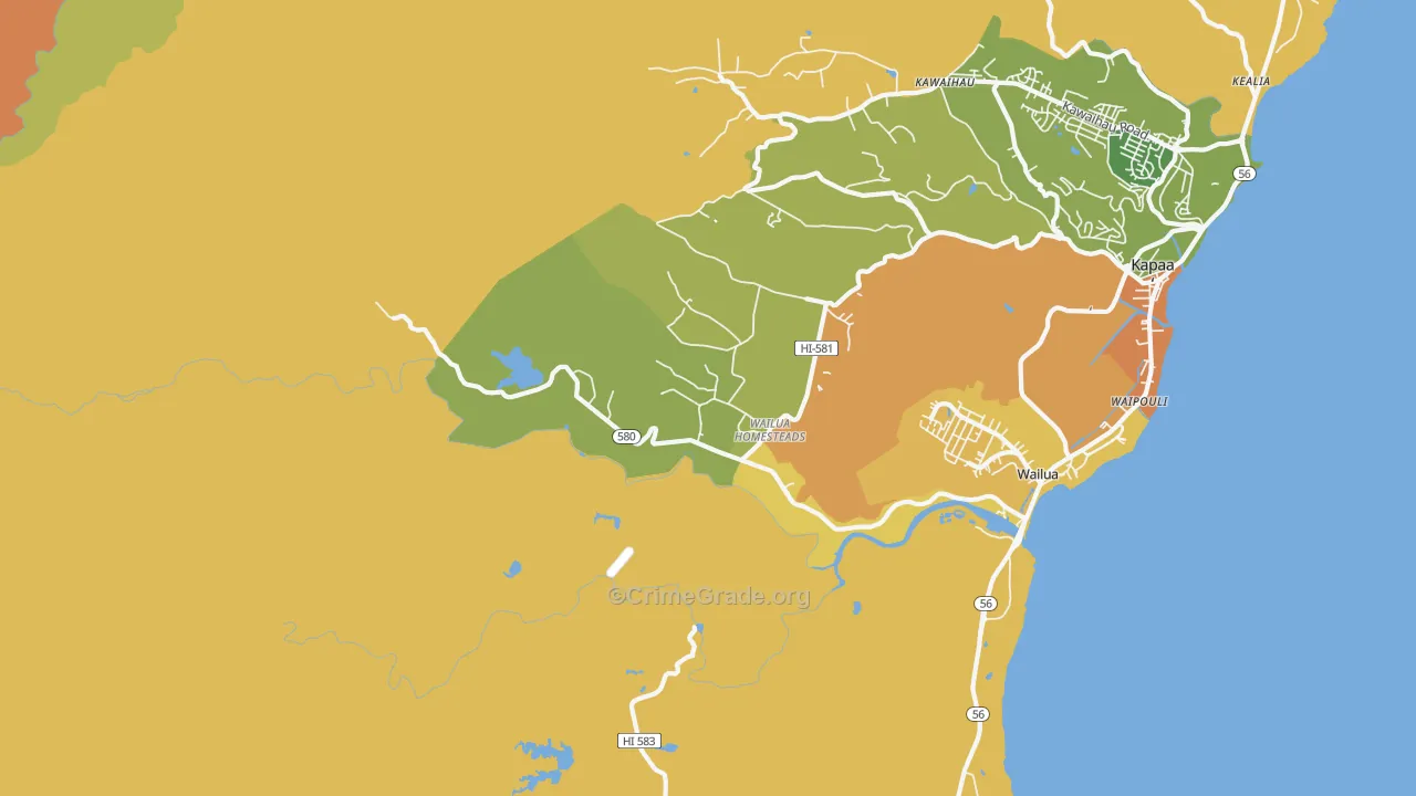 Wailua, Kapaa, HI Map of Arson Rates