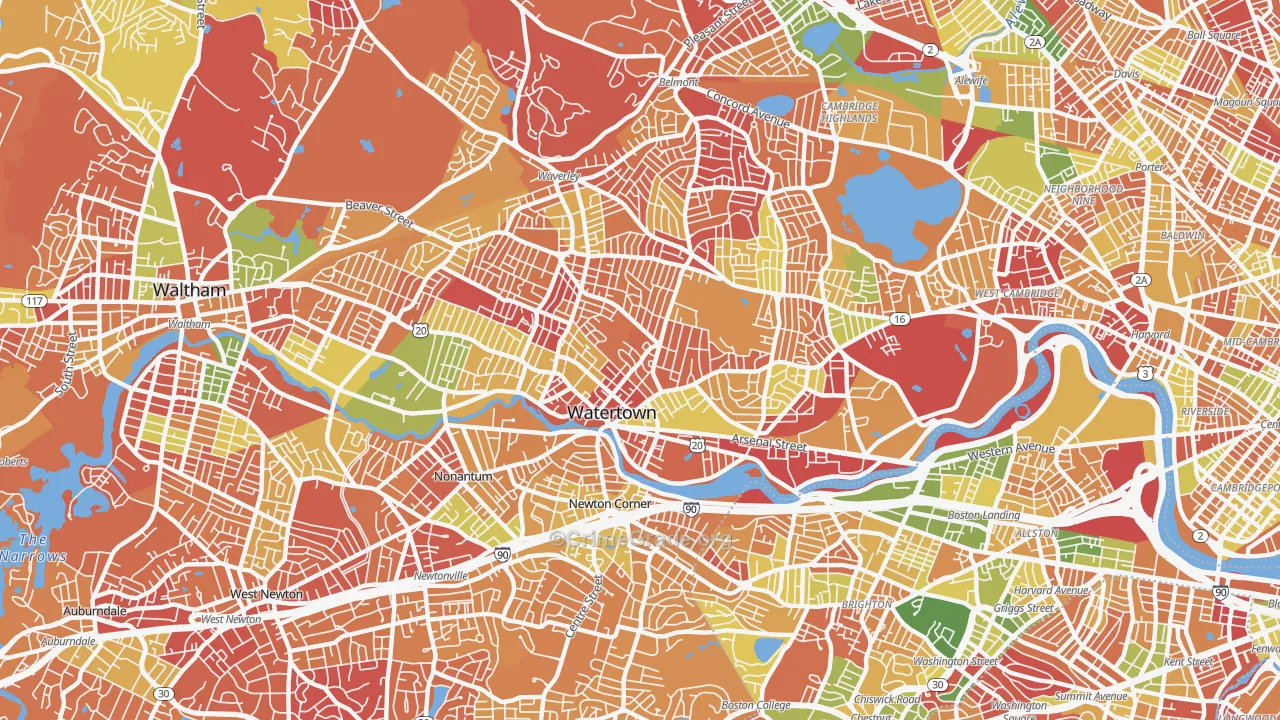 Watertown Town, MA Map of Arson Rates
