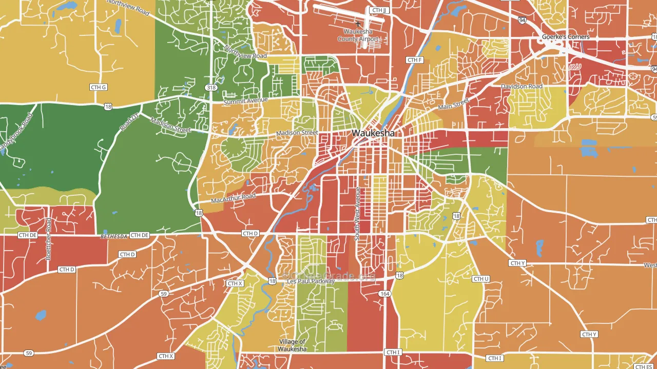 Waukesha, WI Map of Arson Rates