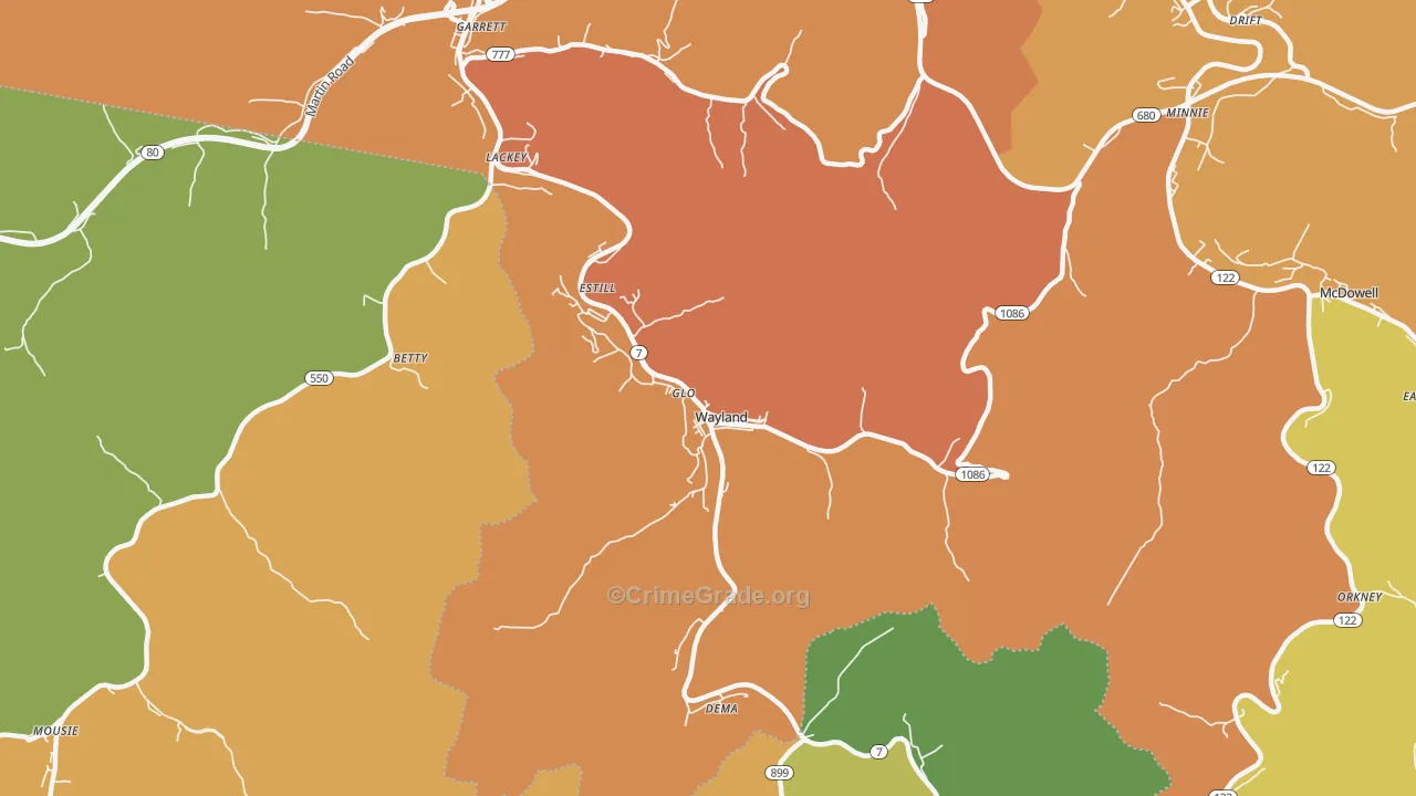 Wayland, KY Map of Arson Rates
