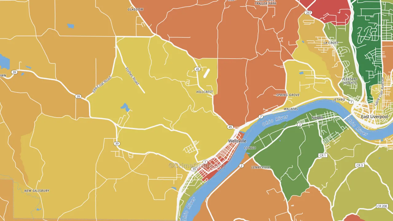 Wellsville, OH Map of Arson Rates