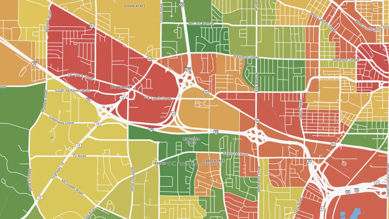 West Central Jackson, Jackson, MS Map of Arson Rates