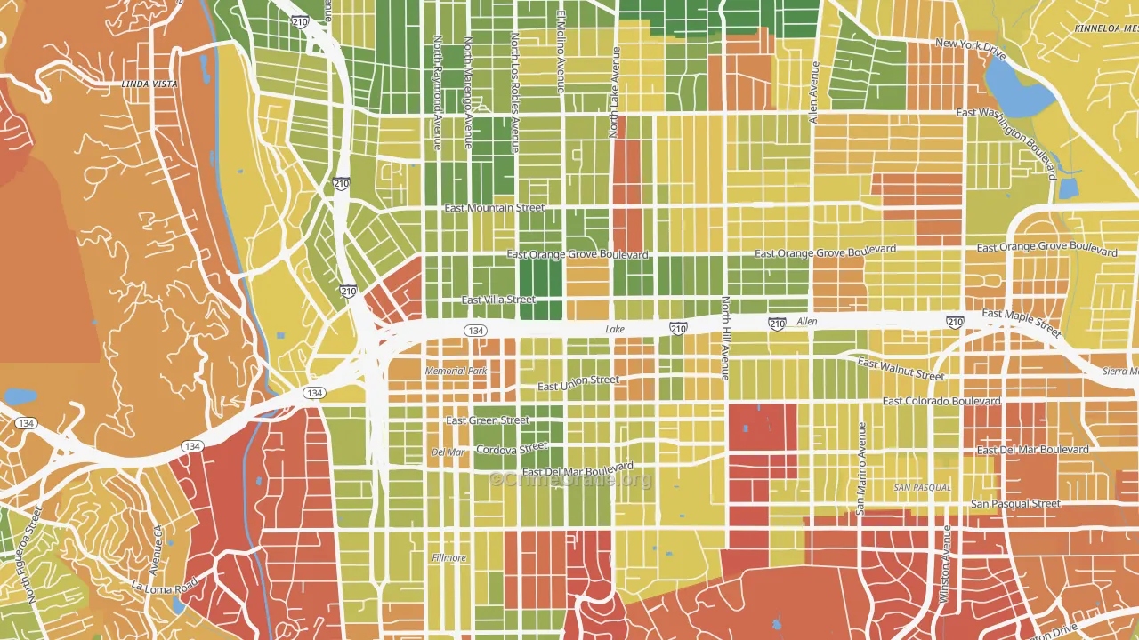West Central, Pasadena, CA Map of Arson Rates