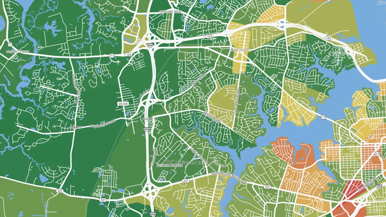 Western Branch North, Chesapeake, VA Map of Arson Rates