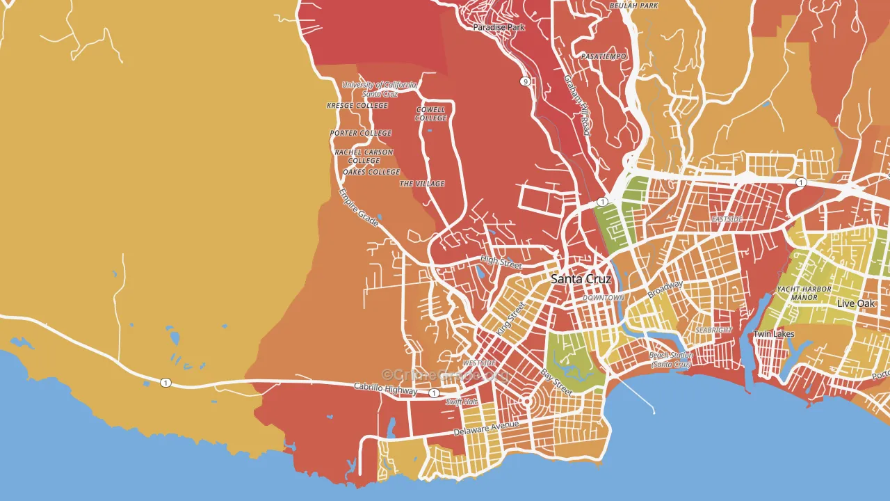 Westside, Santa Cruz, CA Map of Arson Rates