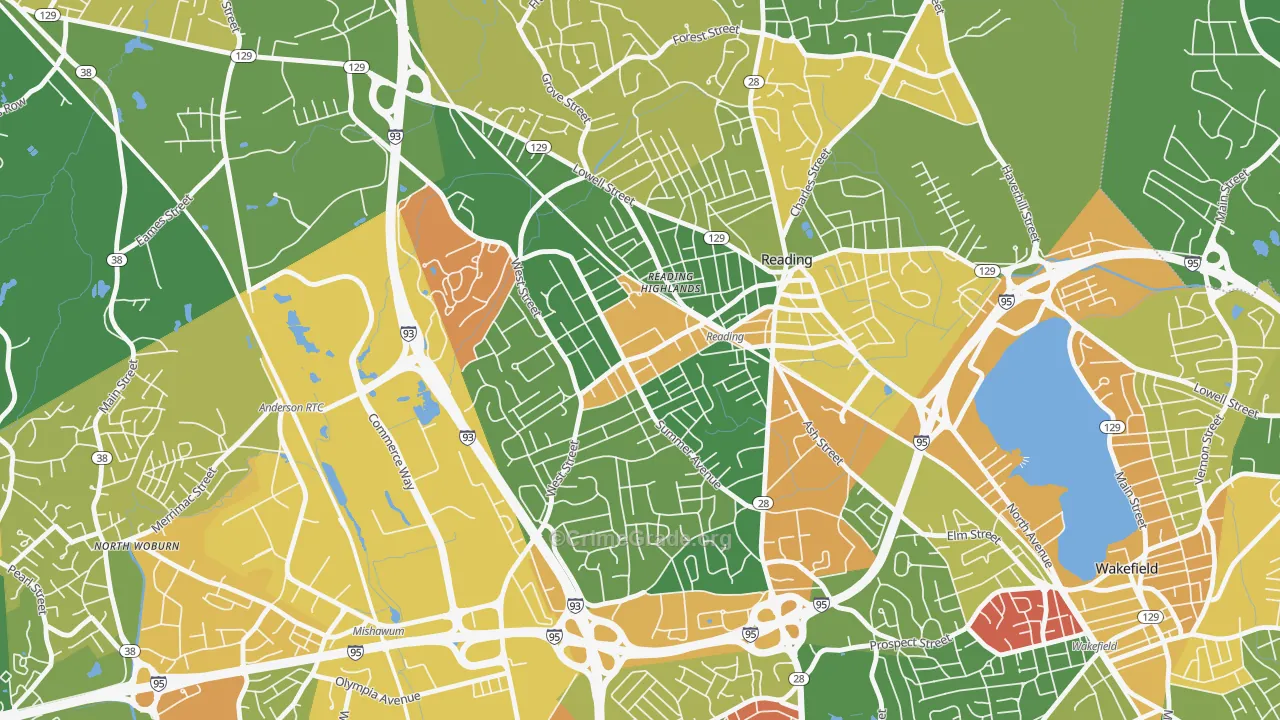 Woburn Street Historic District, Reading, MA Map of Arson Rates