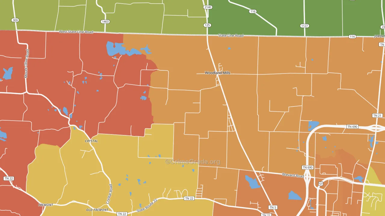 Woodland Mills, TN Map of Arson Rates