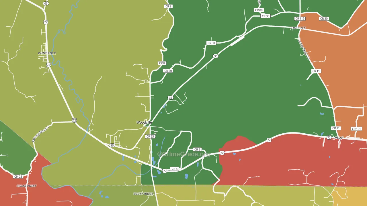 Woodville, AL Map of Arson Rates