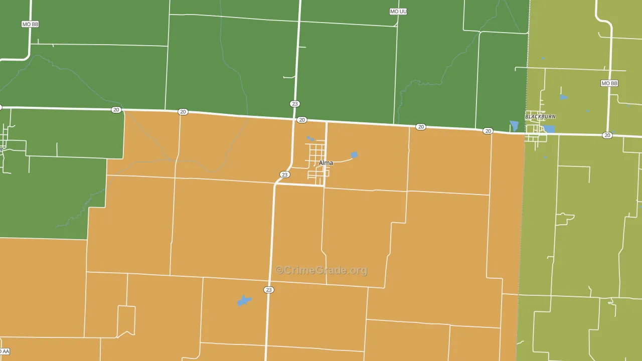 Alma, MO Map of Assault Rates
