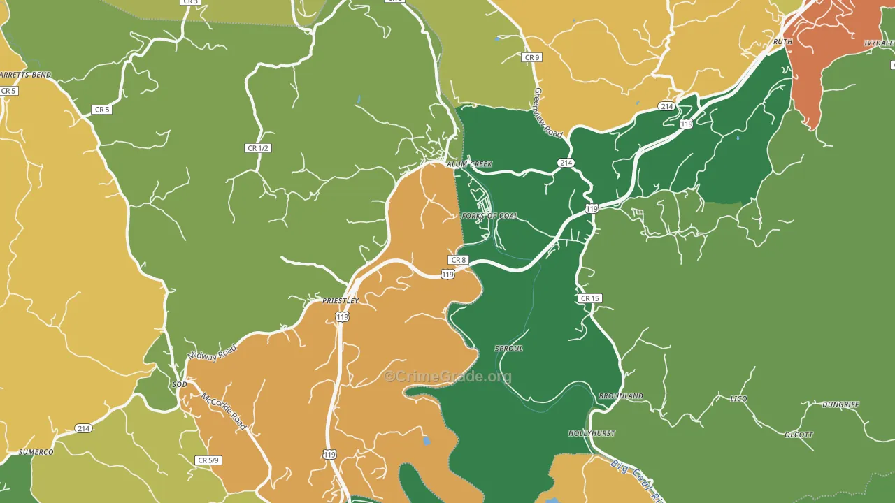 Alum Creek, WV Map of Assault Rates