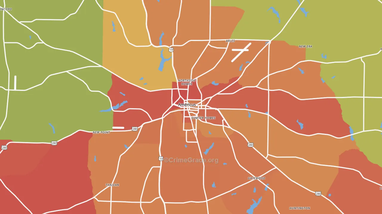 Americus, GA Map of Assault Rates