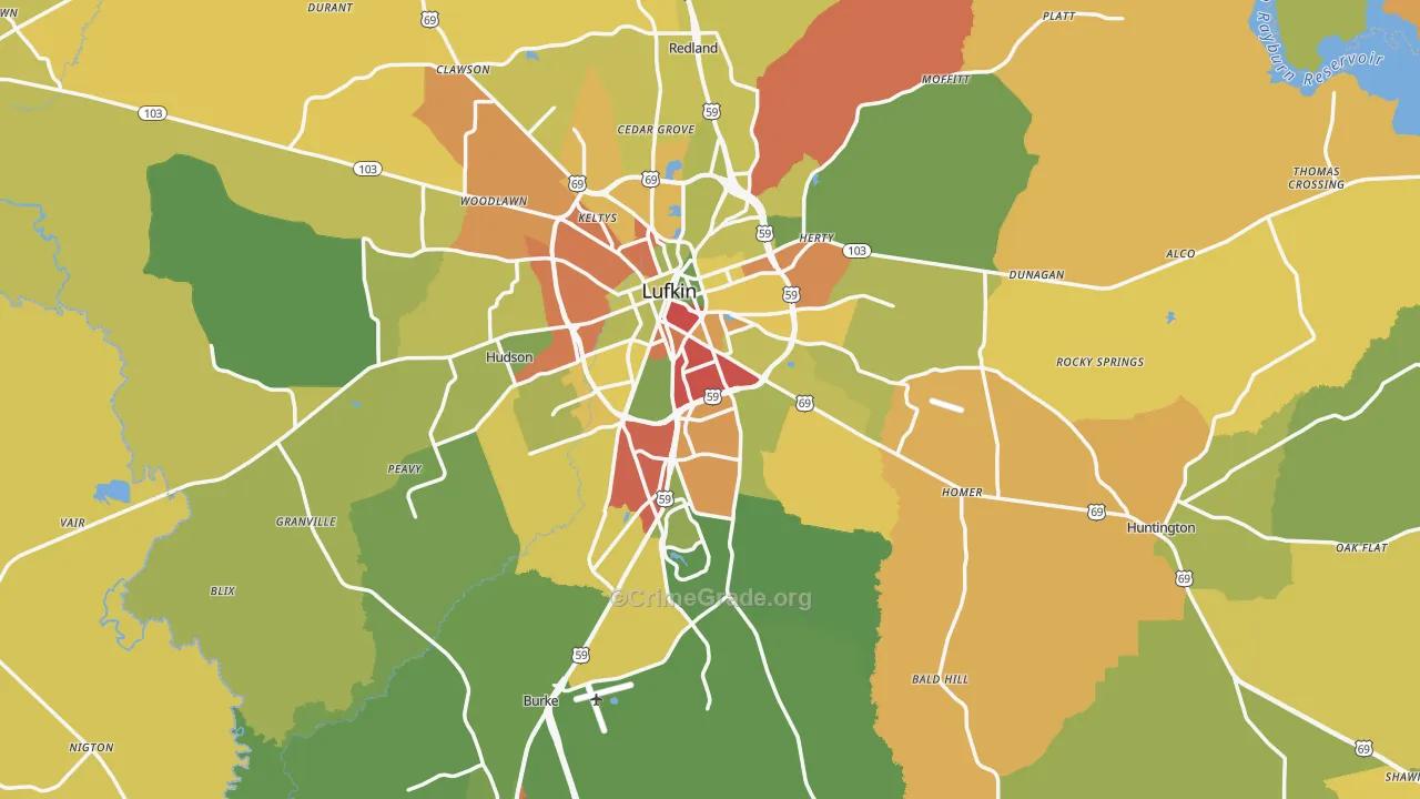 Angelina County, TX Map of Assault Rates