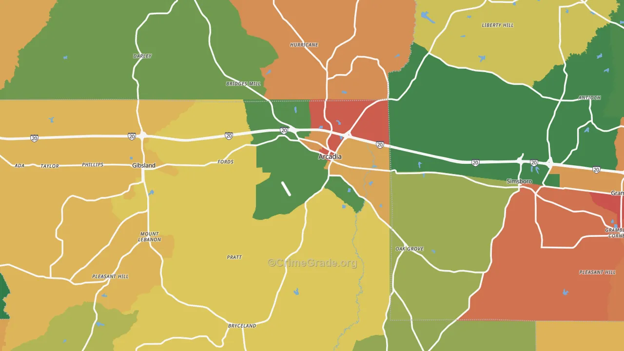 Arcadia, LA Map of Assault Rates