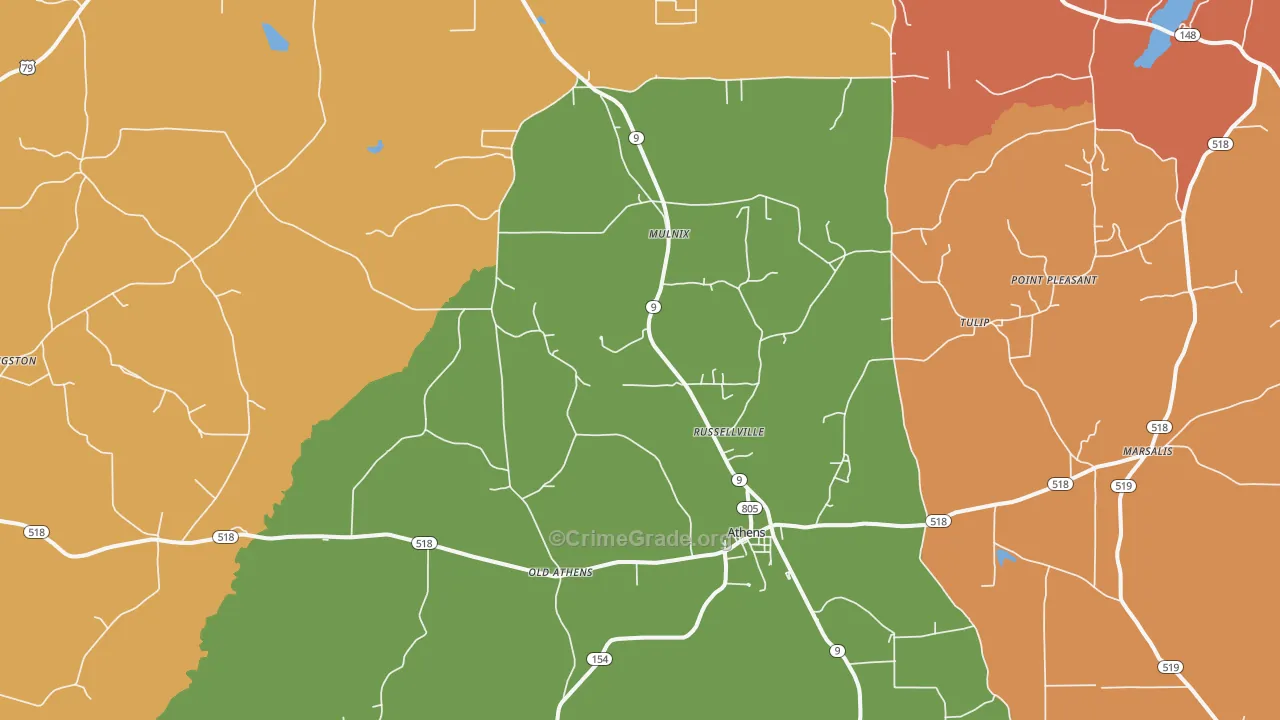 Athens, LA Map of Assault Rates