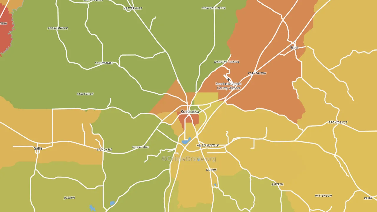 Attala County, MS Map of Assault Rates