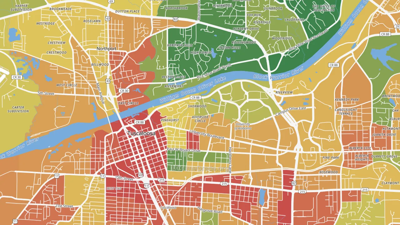 Audubon Place, Tuscaloosa, AL Map of Assault Rates