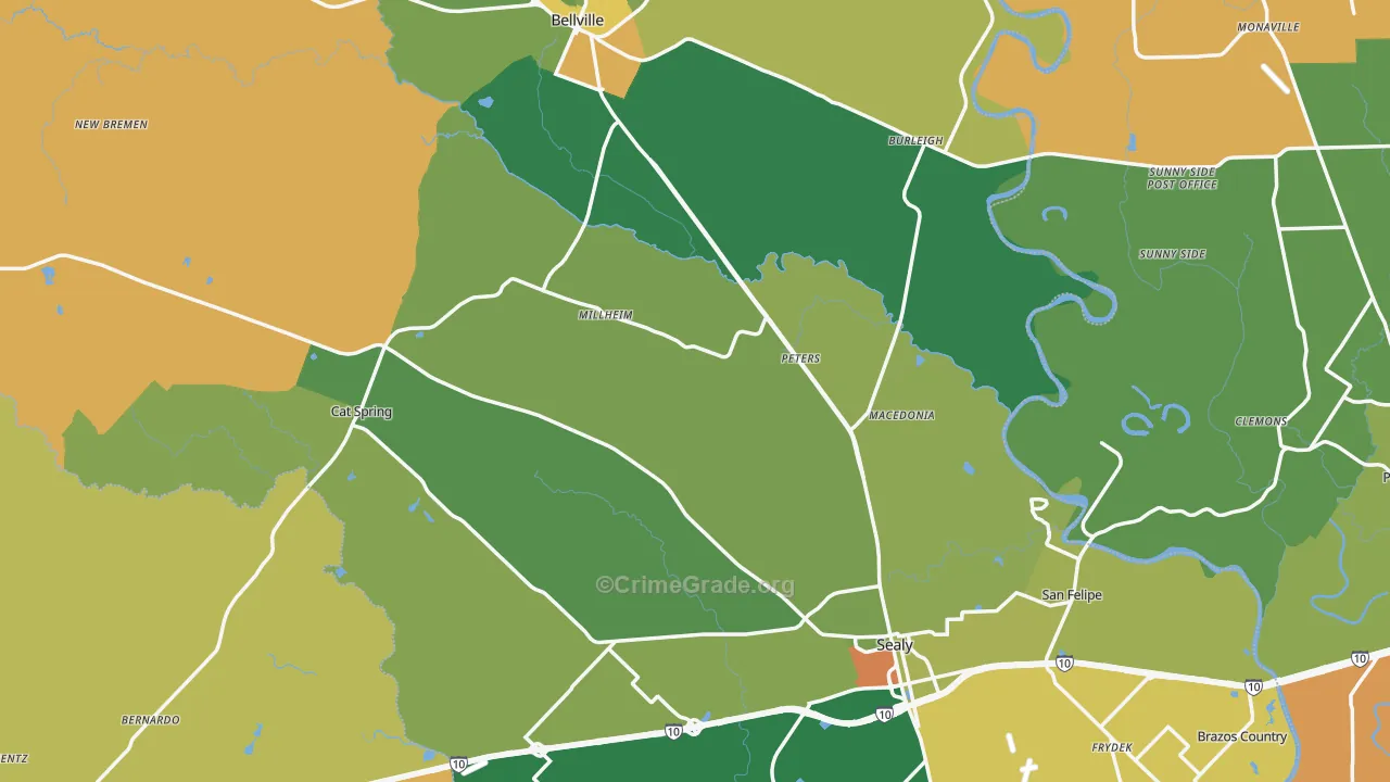 Austin County, TX Map of Assault Rates