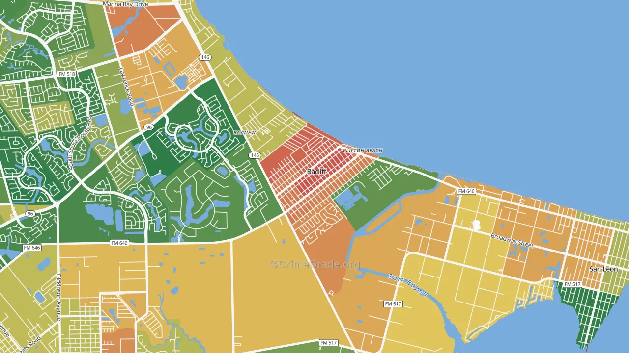 Bacliff, TX Map of Assault Rates